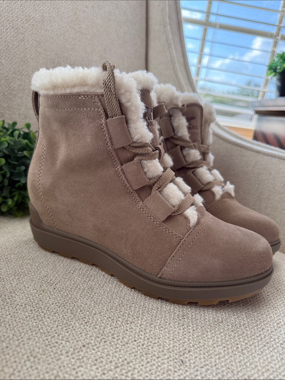 Sorel Evie II Taupe Suede Lace-Up Wedge Ankle Boots